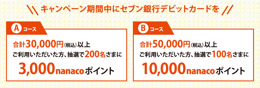 キャンペーン期間中にセブン銀行デビットカードを合計30,000円（税込）以上ご利用いただいた方、抽選で200名さまに3,000nanacoポイント 合計50,000円（税込）以上ご利用いただいた方、抽選で100名さまに10,000nanacoポイント