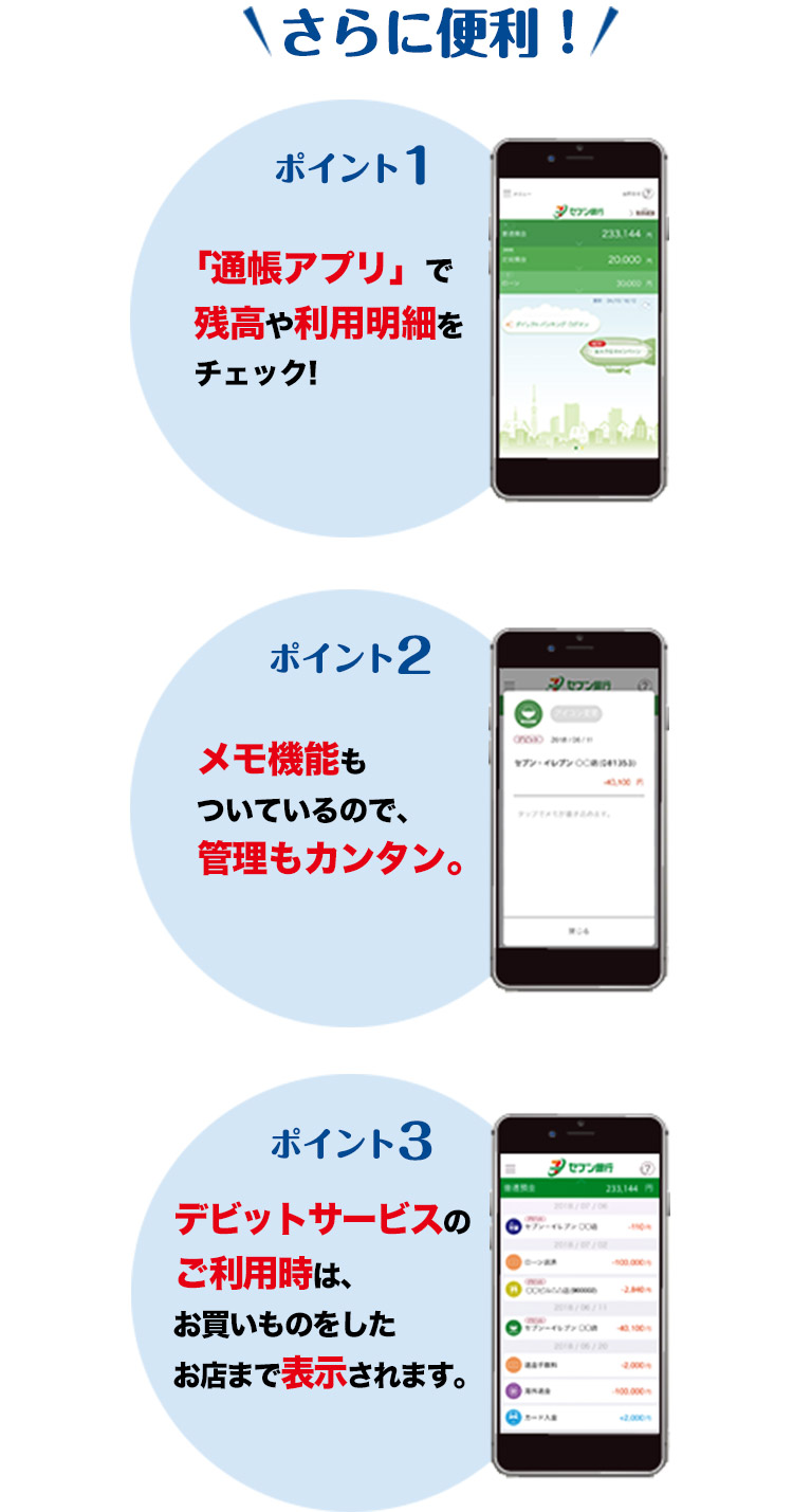 さらに便利！ ポイント1.「通帳アプリ」で残高や利用明細をチェック!　ポイント2.メモ機能もついているので、管理もカンタン。　ポイント3.デビットサービスのご利用時は、お買いものをしたお店まで表示されます。