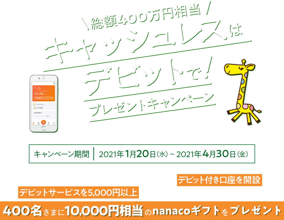 総額400万円相当 キャッシュレスはデビットで! プレゼントキャンペーン キャンペーン期間 2021年1月20日（水）～2021年4月30日（金） キャンペーン期間中にMyセブン銀行アプリからデビット付き口座を開設の上、デビットサービスを5,000円以上ご利用いただいた方の中から抽選で400名さまに10,000円相当のnanacoギフトをプレゼント