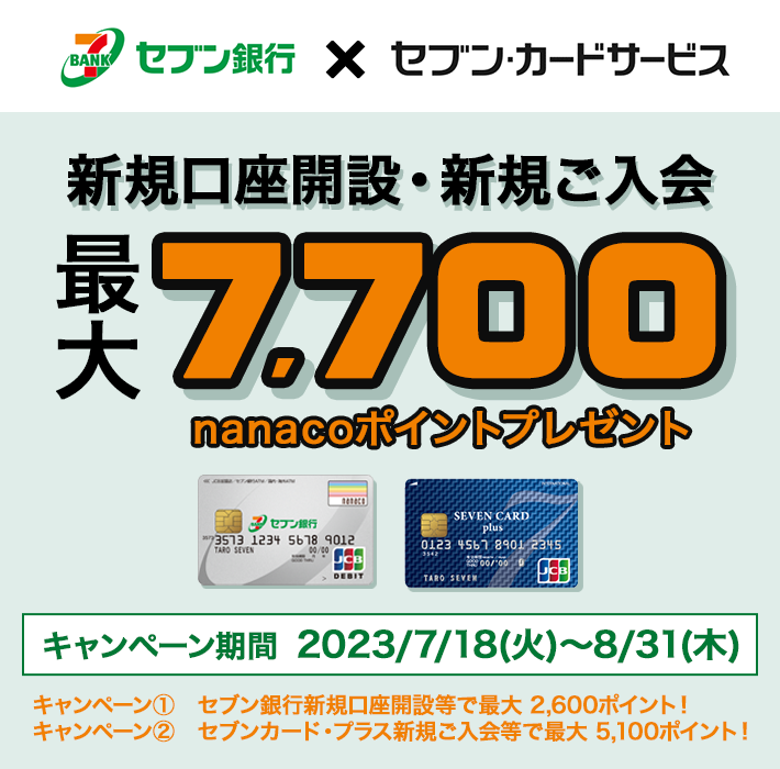 セブン銀行×セブン・カードサービス　新規口座開設・新規ご入会　２つのキャンペーンを合わせて最大7,700nanacoポイントプレゼント キャンペーン①　セブン銀行新規口座開設等で最大 2,600ポイント！ キャンペーン②　キャンペーン②　セブンカード・プラス新規ご入会等で最大 5,100ポイント！ 期間：2023/7/18(火)～2023/8/31(木)