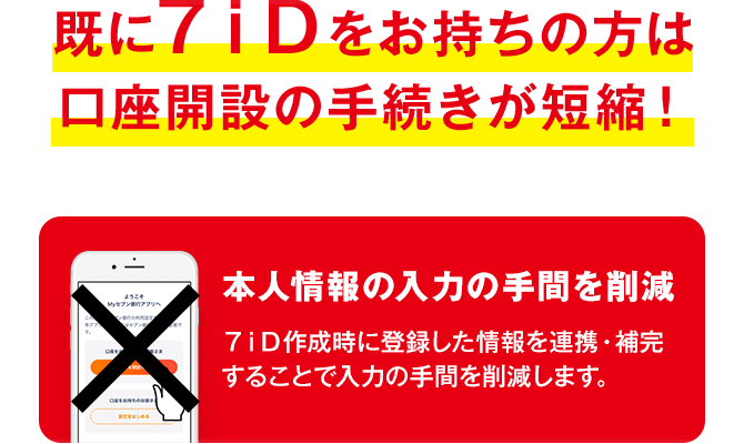 既に７ｉＤをお持ちの方は口座開設の手続きが短縮! 本人情報の入力の手間を削減 ７ｉＤ作成時に登録した情報を連携・補完することで入力の手間を削減します。