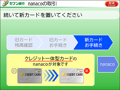 ATM のリーダーライター（読取部）に新カードをセット。